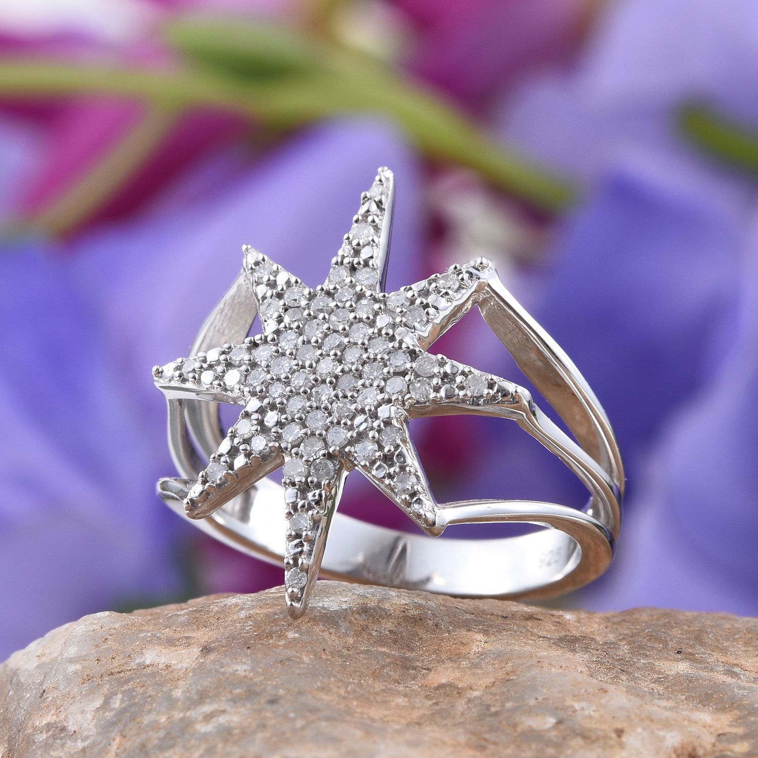 Diamond Star Silver Ring 0.33 Carat in Platinum Overlay.