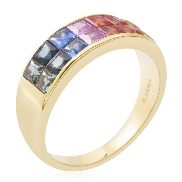 ILIANA 18K Yellow Gold AAAA Rainbow Sapphire (Sqr) Ring 2.550 Ct. Gold wt 4.90 Gms