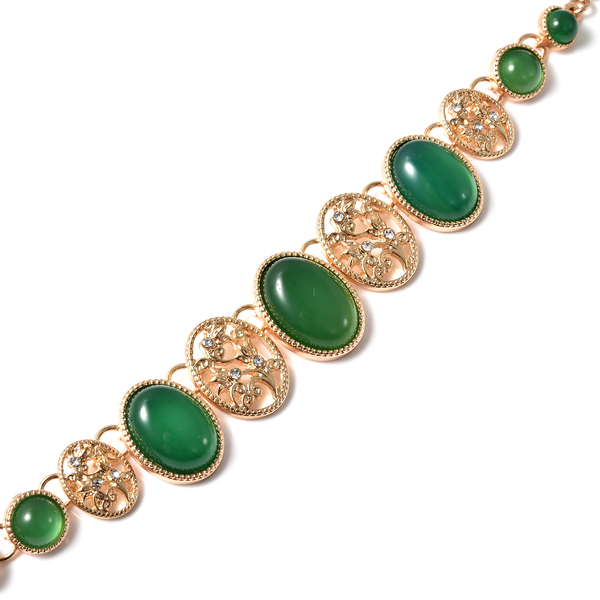 Green Agate and White Austrian Crystal Necklace (Size 20 With 2 Inch Extender) in Yellow Gold Tone