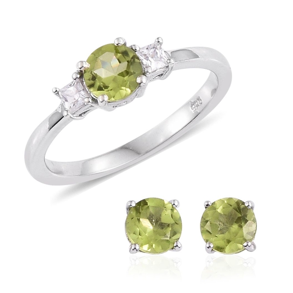 Hebei Peridot (Rnd), Simulated Diamond Solitaire Ring and Stud Earrings (with Push Back) in Platinum