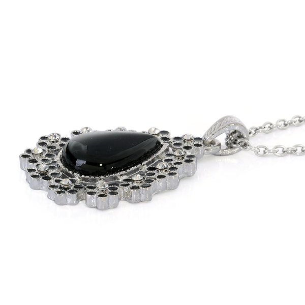 Dyed Black Agate, White Austrian Crystal Enameled Hook Earrings and Pendant in Silver Tone With Stainless Steel Chain (Size 24)