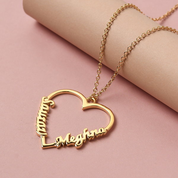 Personalised Heart Two Names Necklace in Brass Size 18+2", Font- Script MT Bold & Freehand521 BT