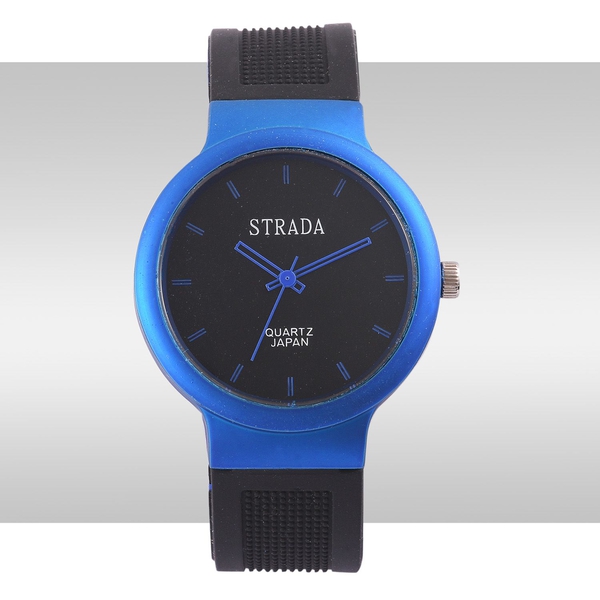 STRADA Japanese Movement Black Dial Water Resistant Watch in Silver Tone with Stainless Steel Back and Blue and Black Silicone Strap