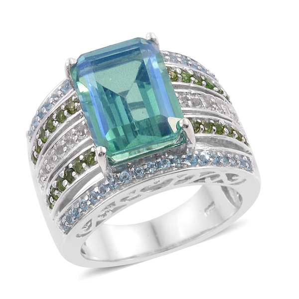 Peacock Quartz (Oct 7.85 Ct), Chrome Diopside, Electric Swiss Blue Topaz and White Topaz Ring in Pla