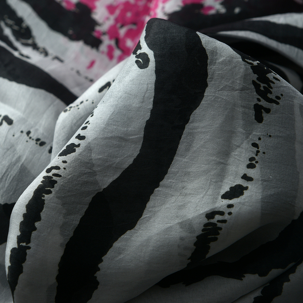 100% Mulberry Silk Black and Pink Colour Printed White Colour Pareo (Size 175x100 Cm)