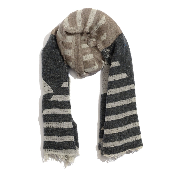 WINTER SPECIAL Mohair, Acro and Cotton Black, Cream and Chocolate Colour Stripy Pattern Scarf (Size 185x75 Cm)