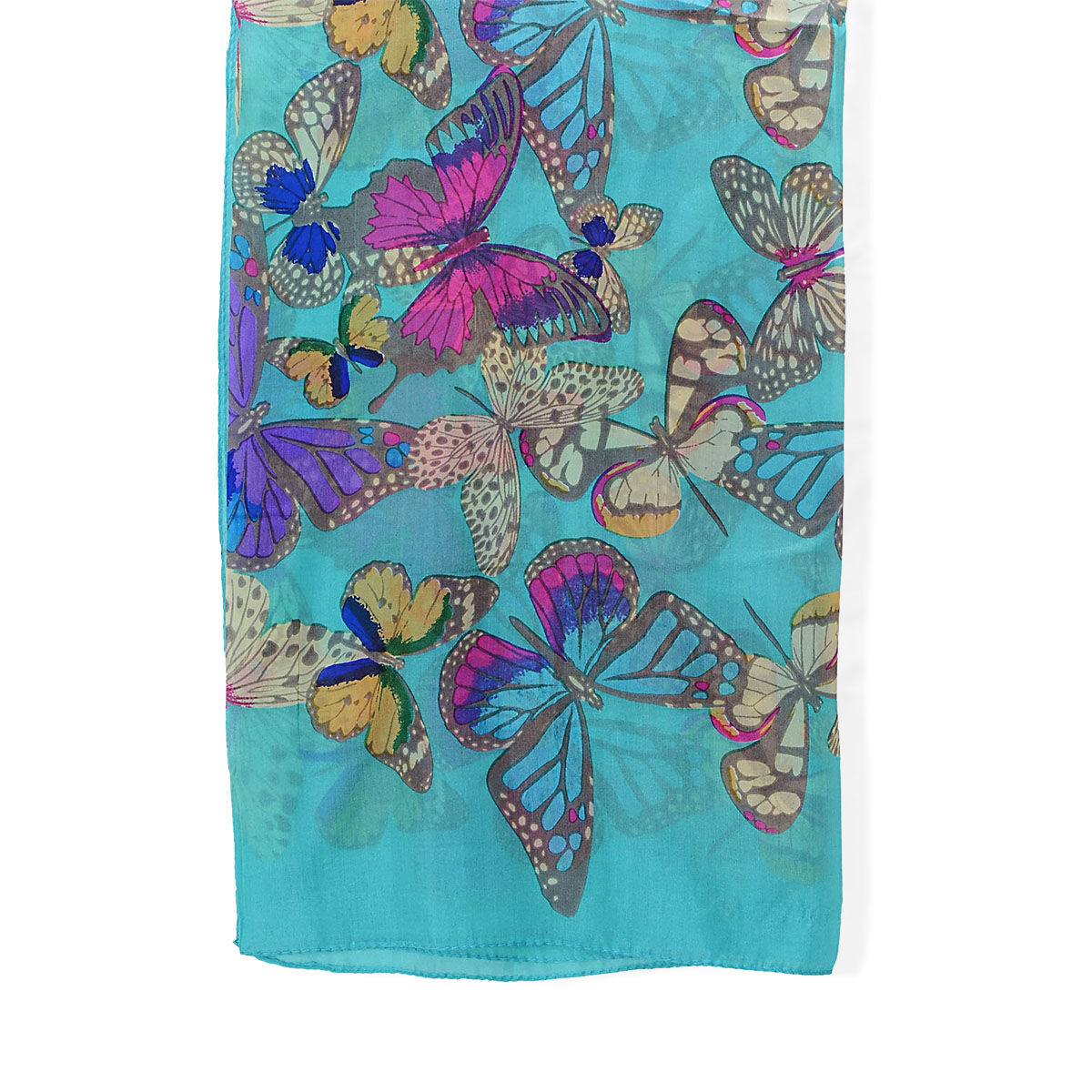 High Quality Mulberry Silk (30-36 GSM) Multi Colour Butterfly Printed Turquoise Colour Scarf (Size 170x100 Cm)