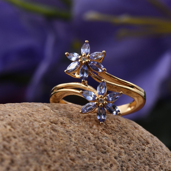Tanzanite (Mrq), White Topaz Twin Floral Crossover Ring in 14K Gold Overlay Sterling Silver 1.050 Ct.