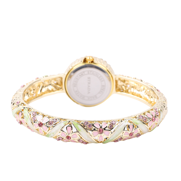 STRADA Japanese Movement Golden Sunshine Dial White and Pink Austrian Crystal Studded Water Resistant Bangle Watch in Floral Pattern Strap