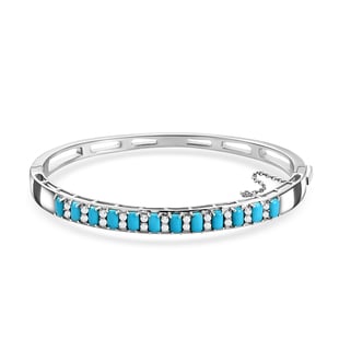 Arizona Sleeping Beauty Turquoise and Natural Zircon Bangle (Size - 7.5 With Chain) in Platinum Over