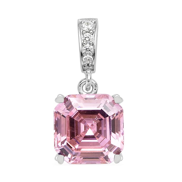 ELANZA Simulated Pink Sapphire (Asscher Cut) and Simulated Diamond Pendant in Rhodium Overlay Sterli