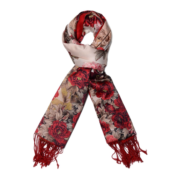 Double Sided Digital Flowers Printed Red, Pink, White and Multi Colour Scarf with Fringes (Size 165x