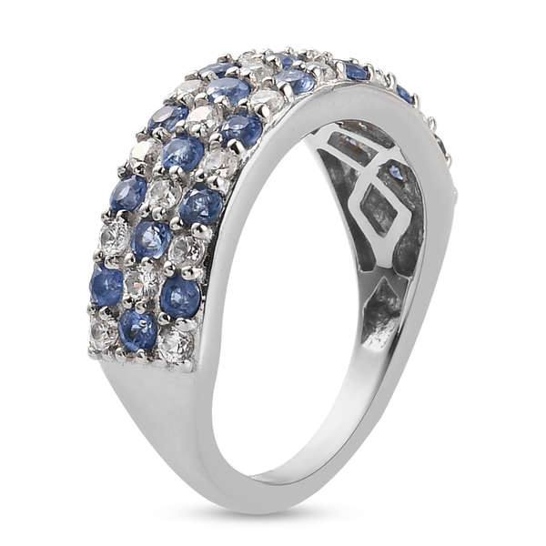 Blue Sapphire and Natural Cambodian Zircon Cluster Ring in Platinum Overlay Sterling Silver 1.77 Ct.