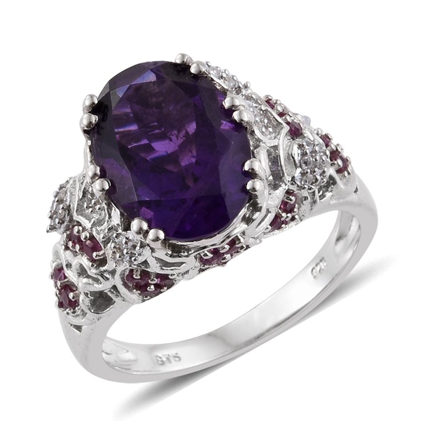 6.28 Ct Amethyst and Multi Gemstone Classic Ring in Platinum Plated Silver 6.50 Grams