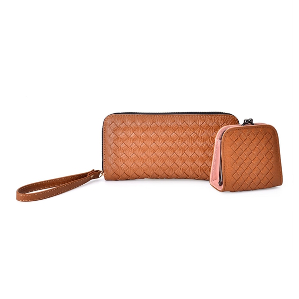 Celina Classic Tan Intrecciato Textured Wallet And Cardholder Set (Size 19x9x2.5 Cm and 9x8.5x4.5 Cm