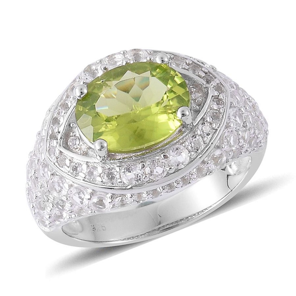 Hebei Peridot (Ovl 2.75 Ct), White Topaz Ring in Platinum Overlay Sterling Silver 4.600 Ct.