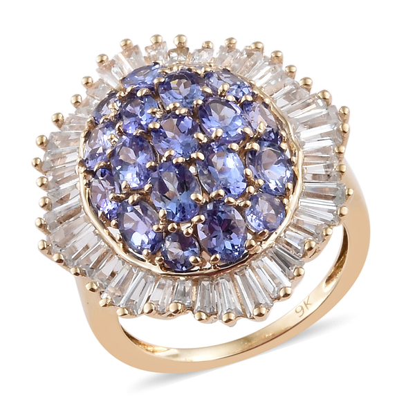 5.25 Ct Tanzanite and Cambodian Zircon Floral Ring in 9K Gold 3.78 Grams