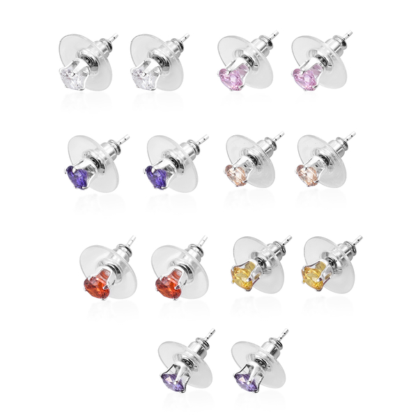 Set of 7 - ELANZA Multi Colour Simulated Diamond (Rnd) Stud Earrings (with Push Back) in Sterling Silver