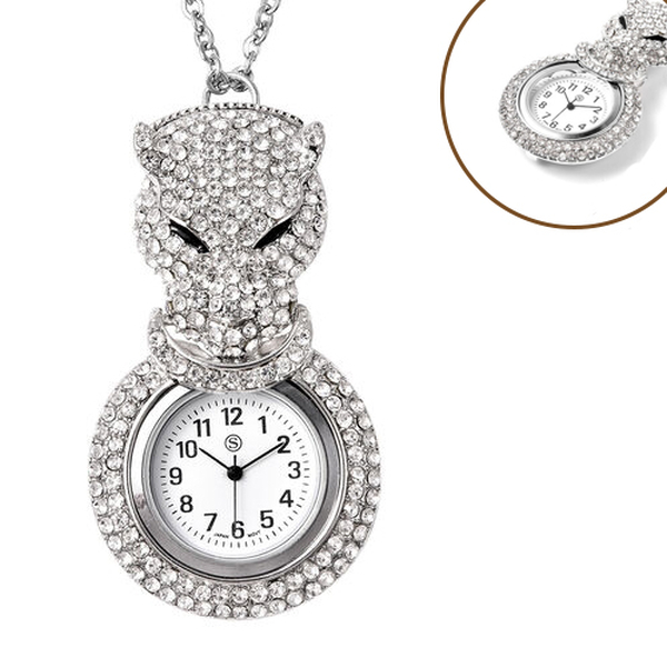 STRADA Japanese Movement White Austrian Crystal Studded Water Resistant Leopard Pocket Watch with Ch