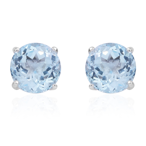 Sky Blue Topaz (Rnd) Stud Earrings (with Push Back) in Rhodium Plated Sterling Silver 6.500 Ct.