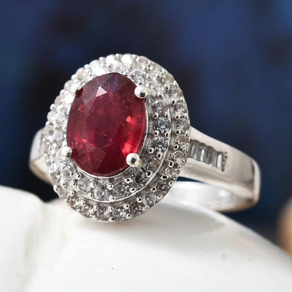 Designer Inspired- African Ruby (Ovl 9x7mm ), Natural White Cambodian Zircon Double Halo Ring in Platinum Overlay Sterling Silver 3.500 Ct.