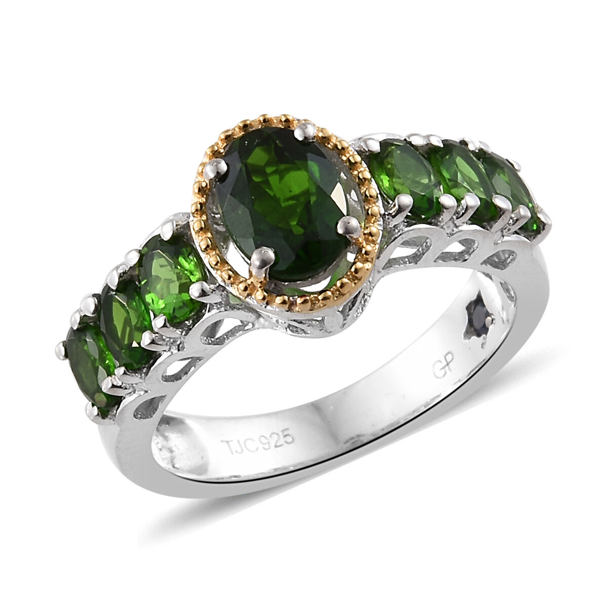 GP - Chrome Diopside & Blue Sapphire Ring in 18K Vermeil Yellow Gold Plated Sterling Silver 1.85 Ct.