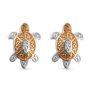 Diamond Turtle Stud Earrings (with Push Back) in Platinum and Yellow Gold Overlay Sterling Silver