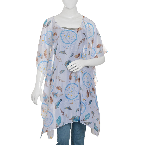 Designer Inspired - Blue, White and Multi Colour Feathers Pattern Kaftan (Size 90x65 Cm)