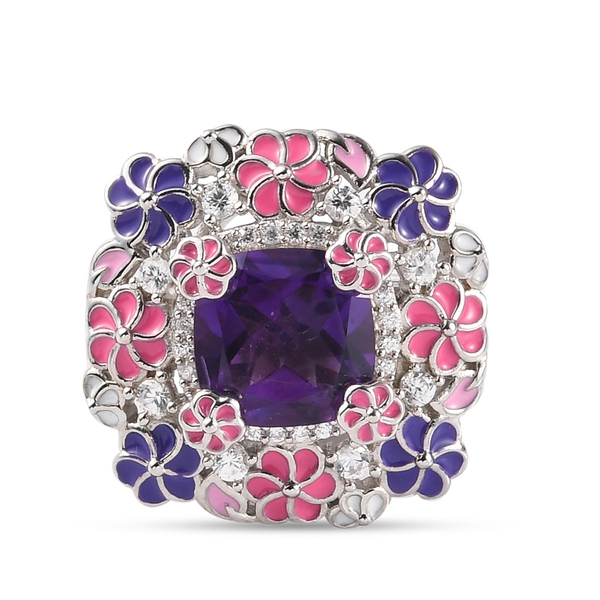 GP Italian Garden Collection - Lusaka Amethyst and Natural Cambodian Zircon and Multi Gemstone Enamelled Ring in Platinum Overlay Sterling Silver 4.25 Ct