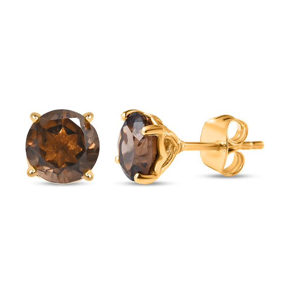 AA Brazilian Smoky Quartz (Rnd) Stud Earrings (with Push Back) in 14K Gold Overlay Sterling Silver 2