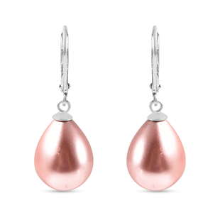 Pink Shell Pearl (Pear 15x12 mm) Lever Back Drop Earrings in Rhodium Overlay Sterling Silver