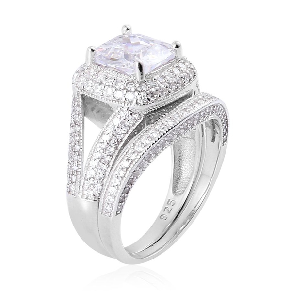 AAA Simulated White Diamond 2 Ring Set in Platinum Overlay Sterling Silver