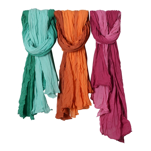 Set of 3 - 100% Cotton Green, Orange and Pink Colour Scarf (Size 175x110 Cm)