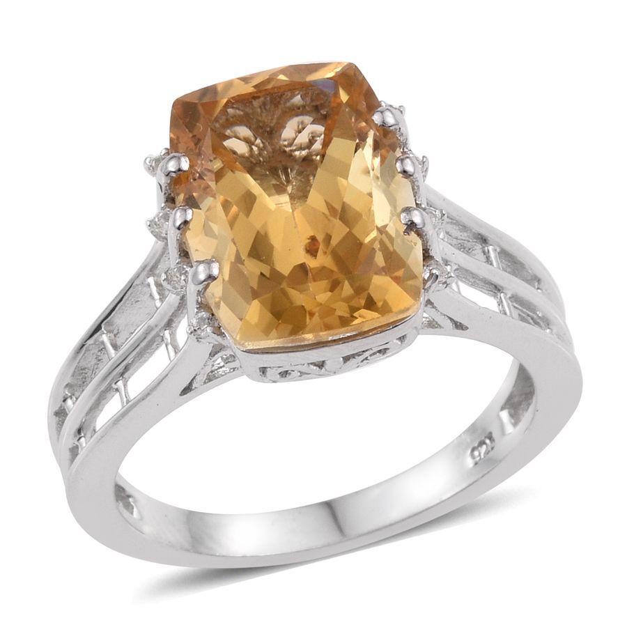 Citrine (Cush 6.20 Ct), White Topaz Ring in Platinum Overlay Sterling Silver 6.250 Ct.