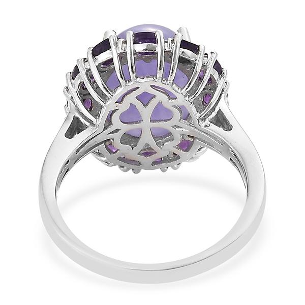 Purple Jade (Ovl 11.00 Ct), Amethyst and Natural Cambodian Zircon Ring in Platinum Overlay Sterling Silver 13.000 Ct. Silver wt 4.61 Gms.