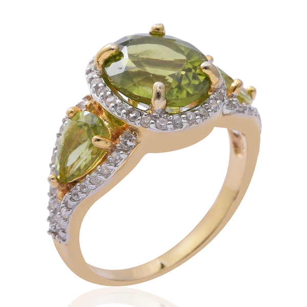 Hebei Peridot (Ovl), Natural Cambodian White Zircon Ring in Yellow Gold and Platinum Overlay Sterling Silver 6.590 Ct.