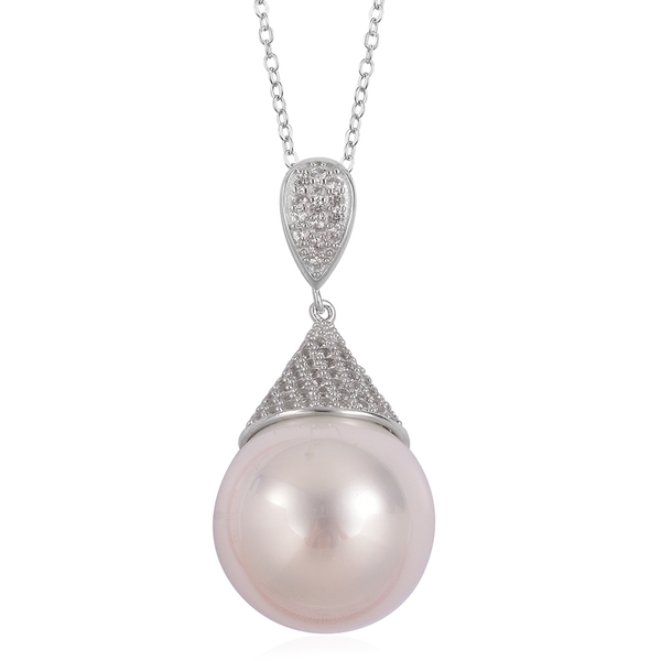 Haliotis Asinina Shell Pearl (Rnd 19mm to 21mm), Natural White Cambodian Zircon Pendant with Chain i