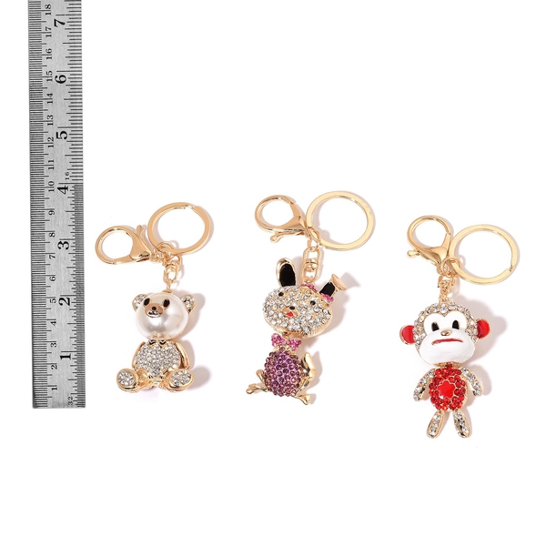 Set of 3 - White, Red and Multi Colour Austrian Crystal Monkey, Teddy and Rabbit Enameled Key Chain in Gold Tone