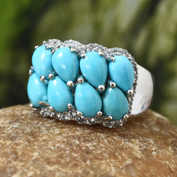 AA  Arizona Sleeping Beauty Turquoise (Pear), Natural White Cambodian Zircon Ring in Platinum Overlay Sterling Silver 3.750 Ct, Silver wt 5.20 Gms