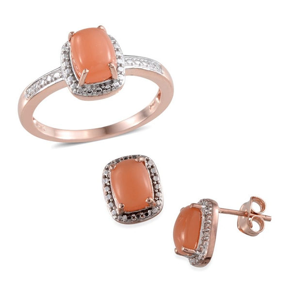 Mitiyagoda Peach Moonstone (Cush) Solitaire Ring and Stud Earrings (With Push Back) in Rose Gold Ove