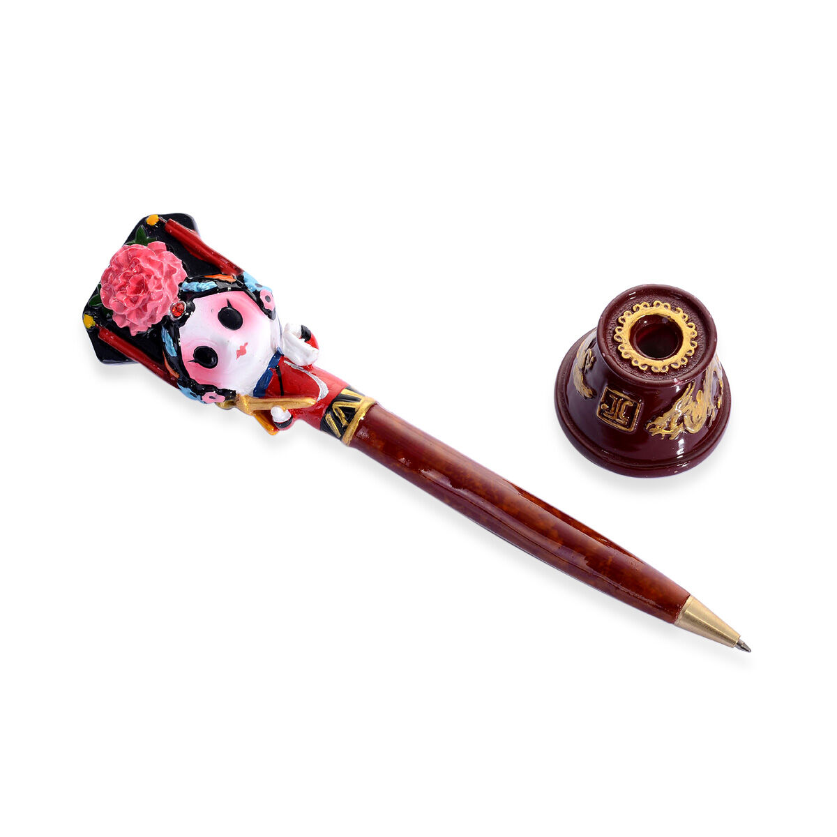 Red Austrian Crystal Beijing Opera Face Shape Resin Pen with Holder