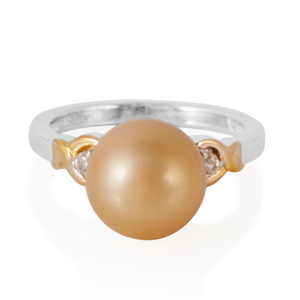 South Sea Golden Pearl (Rnd 10-11mm), White Zircon Ring in Yellow Gold and Rhodium Plated Sterling Silver