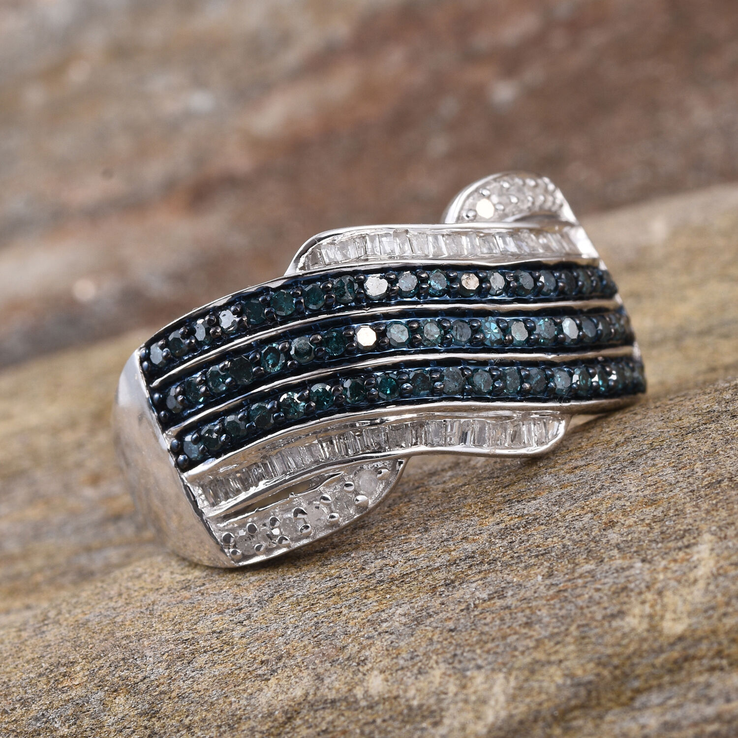 Blue Diamond (Rnd), White Diamond Ring in Platinum Overlay Sterling Silver 1.000 Ct.