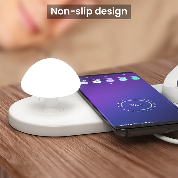 New Arrival- Multi 3 in 1 USB Charger with Wireless Charging Dock Station and Mushroom Light (Size 23x9x6 cm) - White