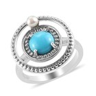 Arizona Sleeping Beauty Turquoise (1.08 Ct) and Freshwater Pearl Ring (Size O) in Platinum Overlay Sterling S