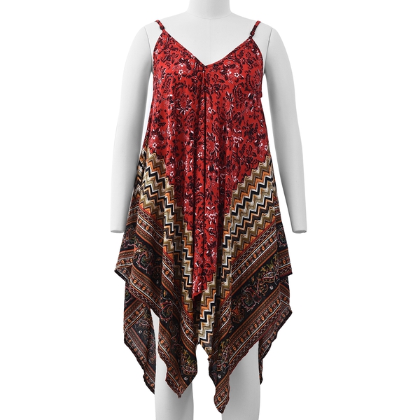 Rose Red and Multicolour V-Neck Slip Dress with Floral and Chevron Pattern