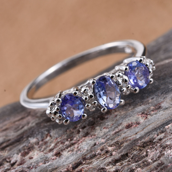Tanzanite (Ovl), Diamond Ring, Pendant with Chain and Stud Earrings (with Push Back) in Platinum Overlay Sterling Silver 1.530 Ct.