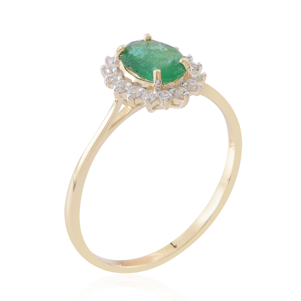 Designer Inspired- Limited Edition- 9K Yellow Gold AA Kagem Zambian Emerald (Ovl 1.15 Ct), Natural White Cambodian Zircon Ring 1.500 Ct.