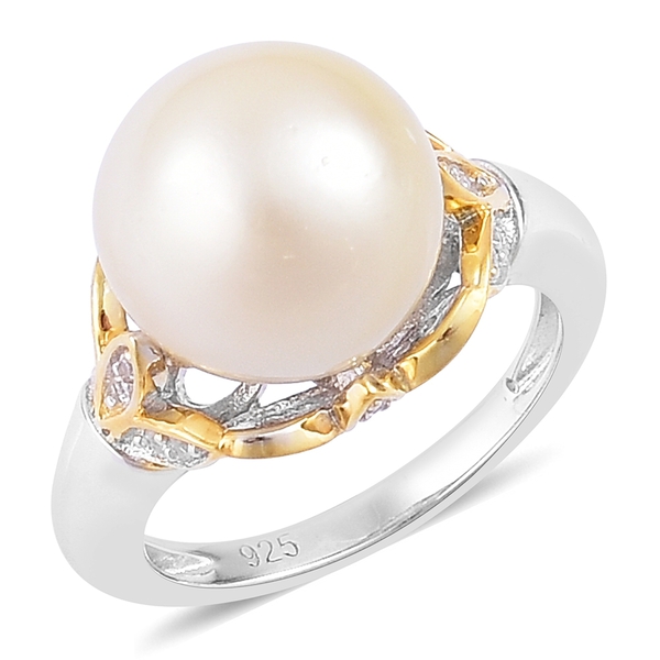 South Sea White Pearl (Rnd 12.5-13mm), Natural White Cambodian Zircon Ring in Platinum and Yellow Go