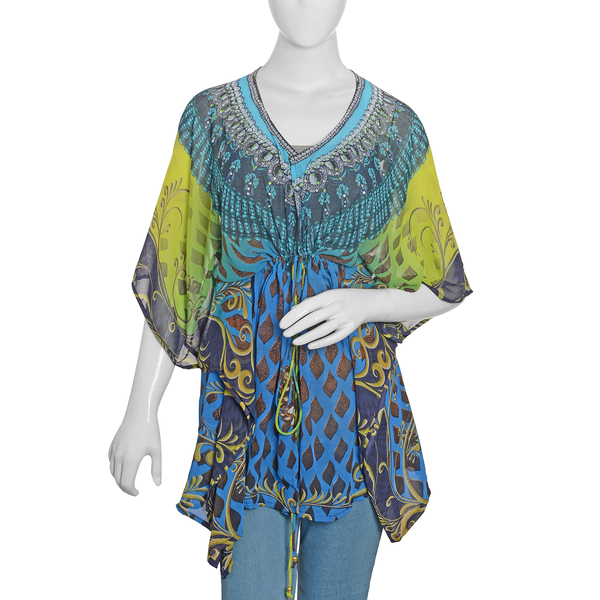 Blue, Chocolate and Multi Colour Crystal Embellished Digital Printed Top (Size 80x65 Cm)